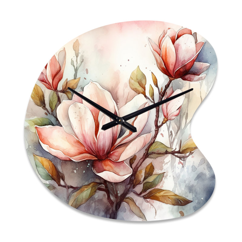 Red Magnolia Symphony - Magnolias Unique Shape Metal Wall Clock, Traditional Asymmetrical Wall Clock Print, Large
