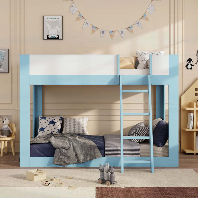 Lit simple superposé simple avec échelle réversible et garde-corps de sécurité, idéal pour économiser de l'espace et la sécurité des enfants, bleu et blanc
