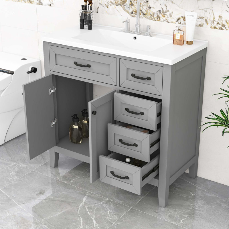 Freestanding Bathroom Vanity with Ceramic Sink, Storage Cabinet and 3 Drawers, Gray/Black