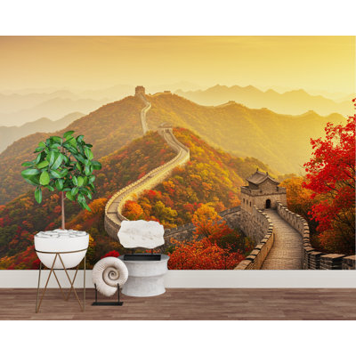 Wall of China Autumn Papier peint | Murale forêt cramoisie et dorée | Misty Mountains, texture de soie avec feuille d'or | Art mural Shan Shui (pelez et collez) 
