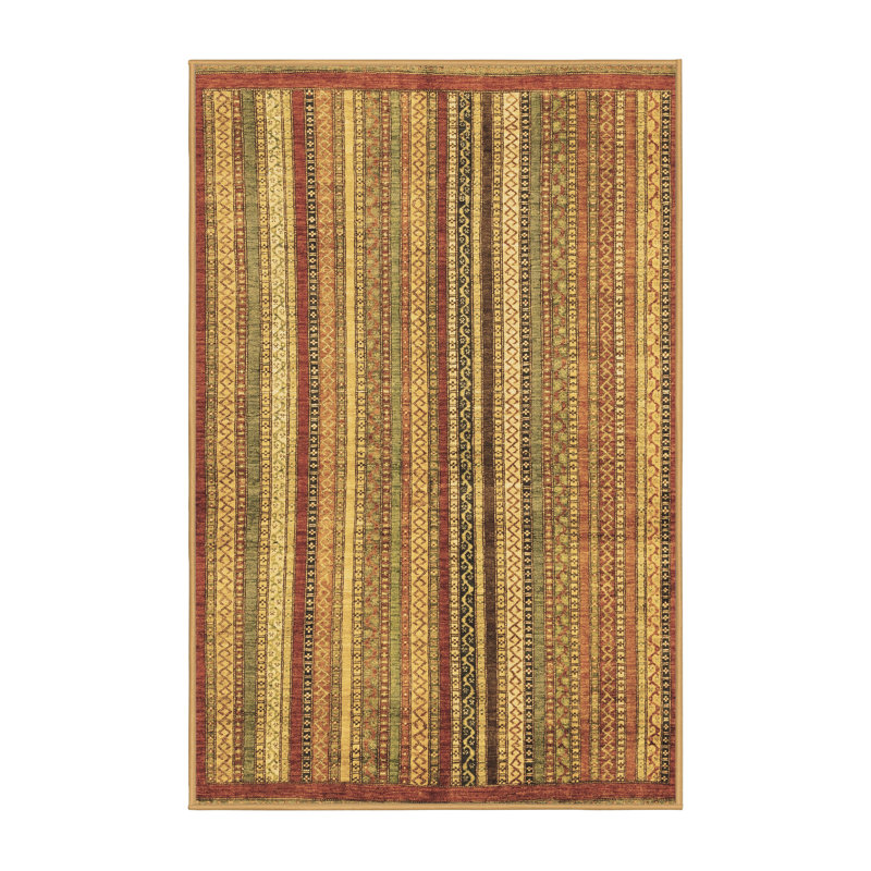 Tapis rayé rectangulaire tissé à la machine en laine / polyester brun / vert / beige 7 pi x 10 pi