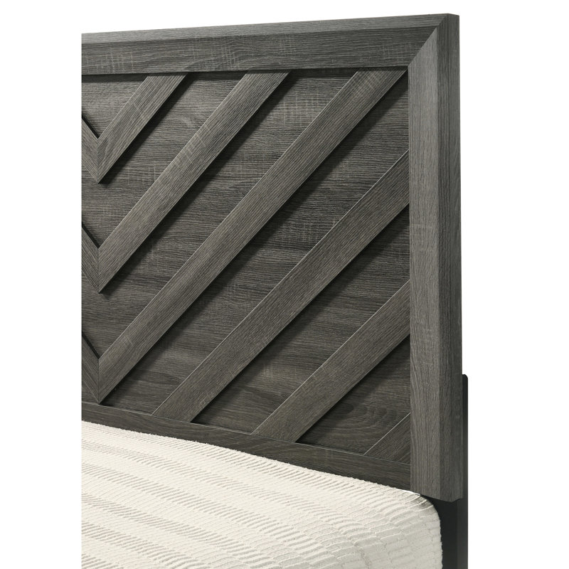 Rustic Grey Finish Full Size Bed With Geometric Design And Pattern, Contemporary Bedroom Furniture Of Solid Wood Frame In Style Finish, Headboard