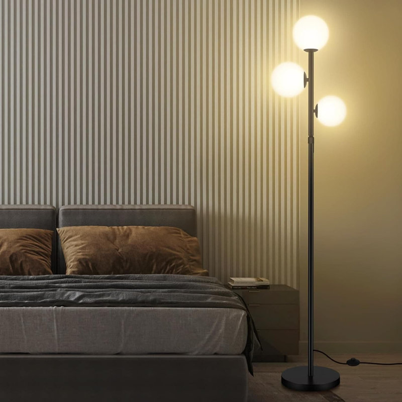 Mid-Century Modern Floor Lamp With 3 Frosted Glass Shades, Adjustable Height From 55 To 67 Inches, Sturdy Metal Base And Foot Switch, Includes G9 LED Bulbs For Living Room, Bedroom, Or Office