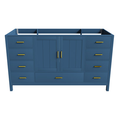 Base de meuble-lavabo 60 po avec 2 portes doubles à fermeture douce, 1 grand tiroir, 6 petits tiroirs et 2 petits compartiments de rangement rabattables (bleu)