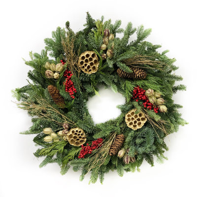 Natural Fresh Evergreens and Dried Flower Holiday Gold Lotus, Red Berries, and Pine Cones Wreath