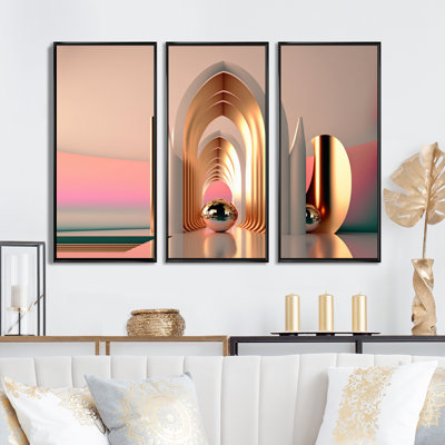 «Futuristic Golden Globe Architecture II», reproduction sur toile 3 pièces