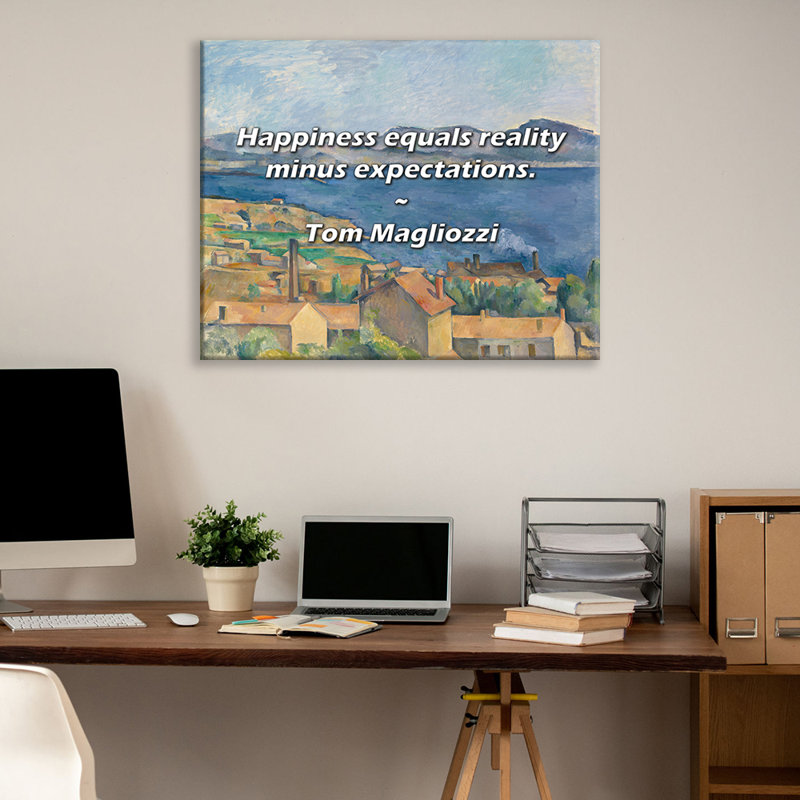 Citation artistique «Le bonheur égale la réalité moins les attentes». Toile tendue par Tom Magliozzi, H 17 po x l 24 po