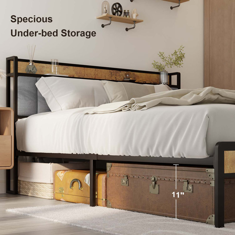 Light Gray Queen Metal Bed Frame with Storage Headboard