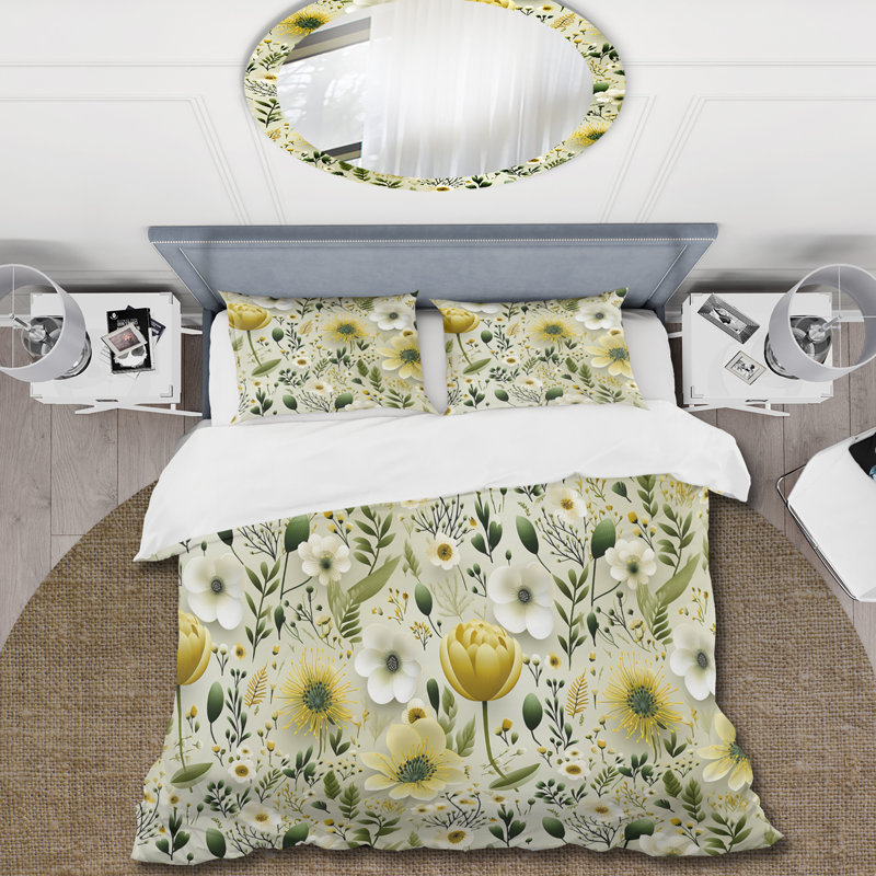 Green Boho Chic Floral Pattern I Box Stitch Floral Duvet Cover, King Duvet Cover + 2 King Shams