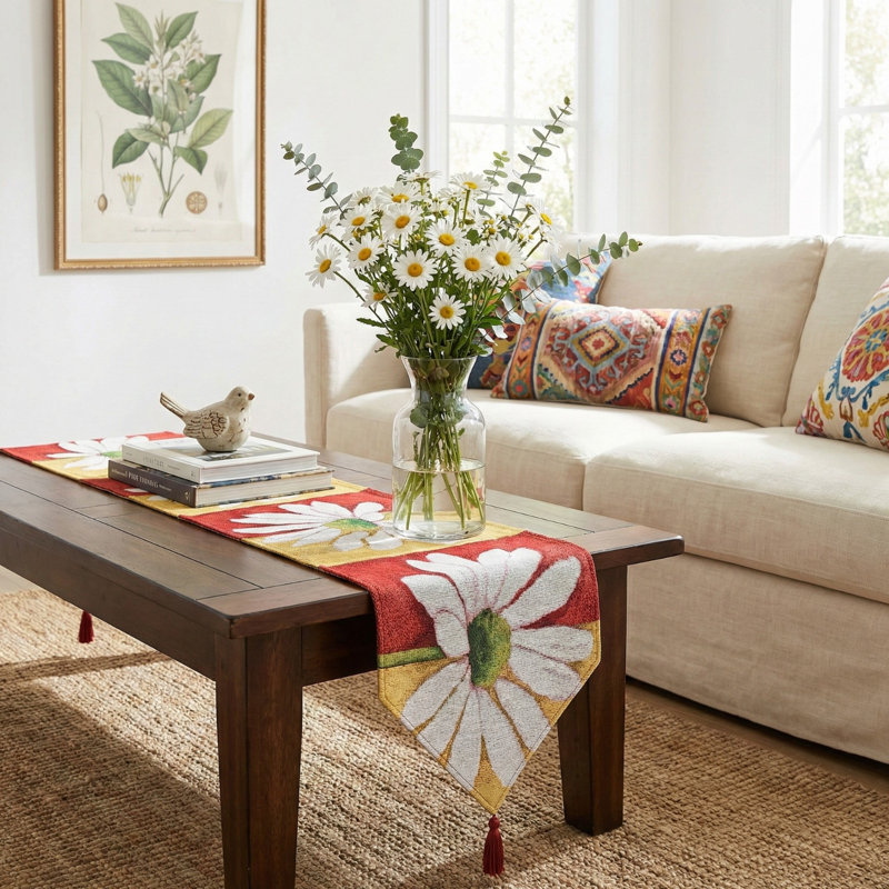 Chemin de table coloré à motif de marguerite tissé floral - rouge et jaune, l 13 po x L 48 po
