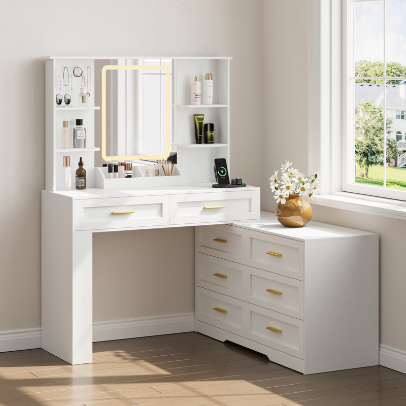 81"W Large Makeup Vanity with Adjustable LED Lighting and Charge Station, White