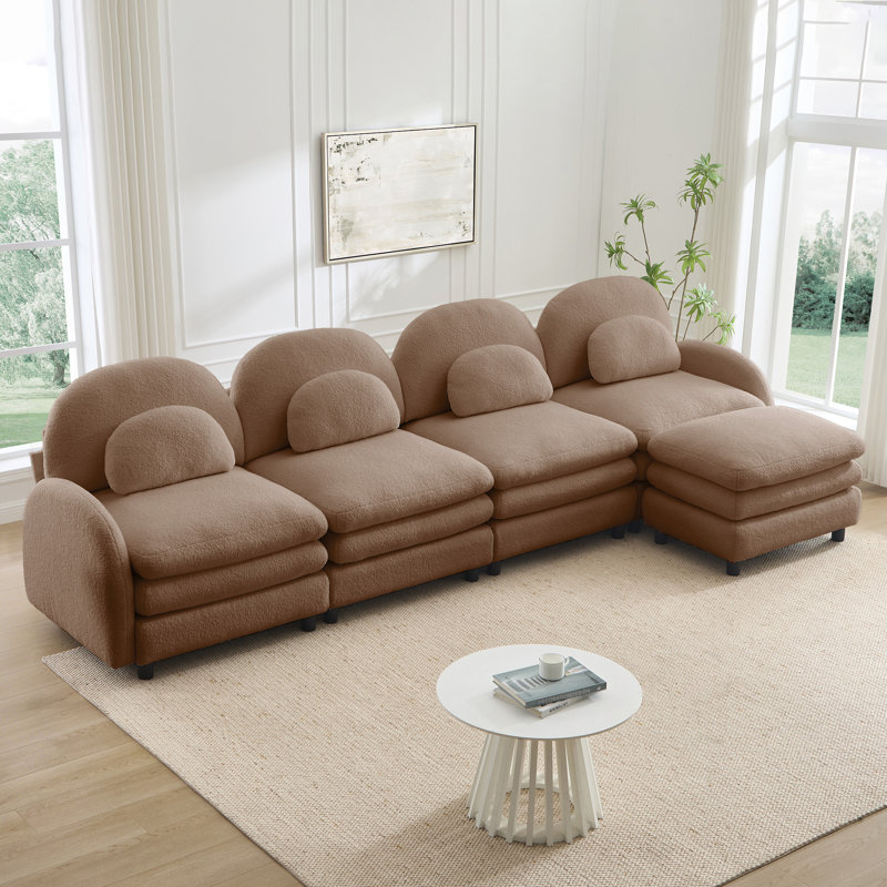 Canapé 4 places avec dossier incurvé, accoudoirs et coussins lombaires, canapé modulaire avec repose-pieds mobile et coussin double couche