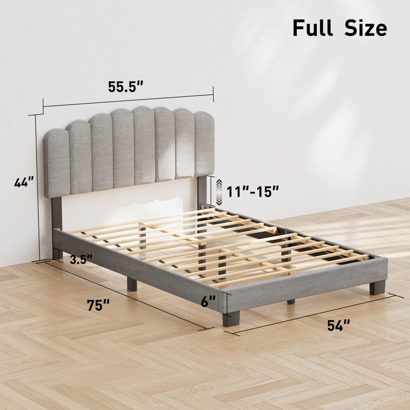 Dhugan Low Profile Linen Platform Bed Frame with Adjustable Headboard, Full / Double