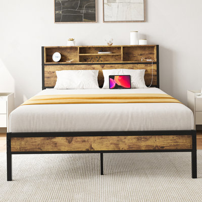 Versatile Metal Platform Bed With Storage And Charging Functionality