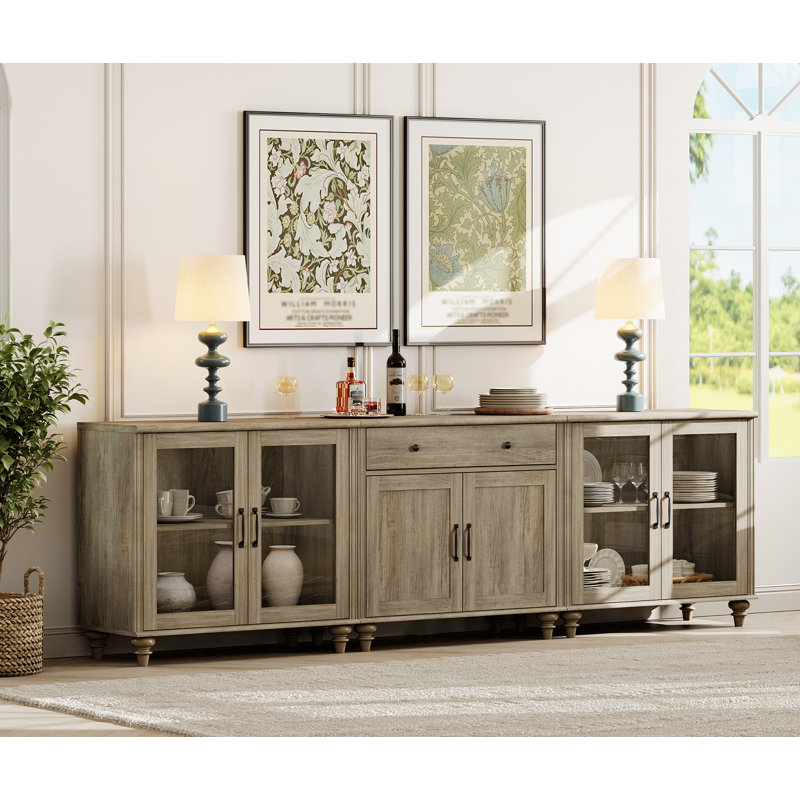 Sideboard Buffet Cabinets With 4 Glass Doors And A Drawer, Farmhouse Wood Large Sideboard Credenza For Dining Room, Modern Ample Storage Cabinet For Living Room, Wash Grey, 102 Inch
