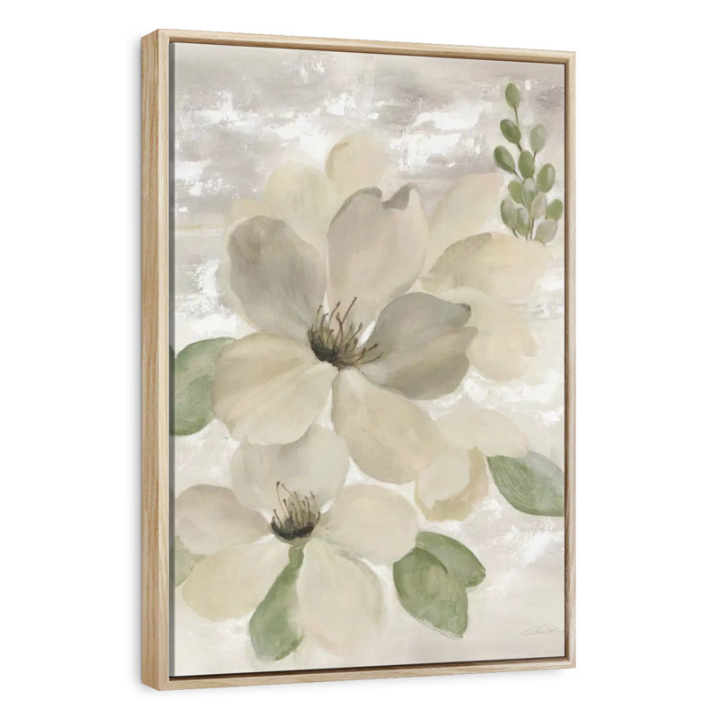 Blanc sur blanc sauge florale, Floating Frame Natural Wood, 31" x 46"
