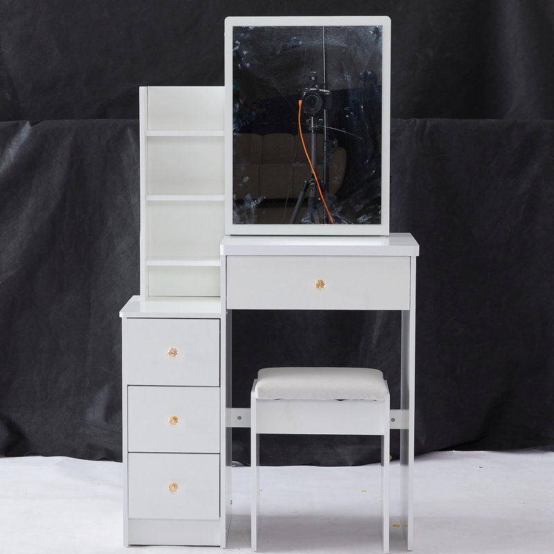 Compact Left Bedside Dresser Vanity, Includes Cushioned Chair & Extra Large Sliding Mirror, Multi-layer Storage, Elegant White For Tiny Spaces Small Space- Cabinet Vanity Table, With Padded Stool Big