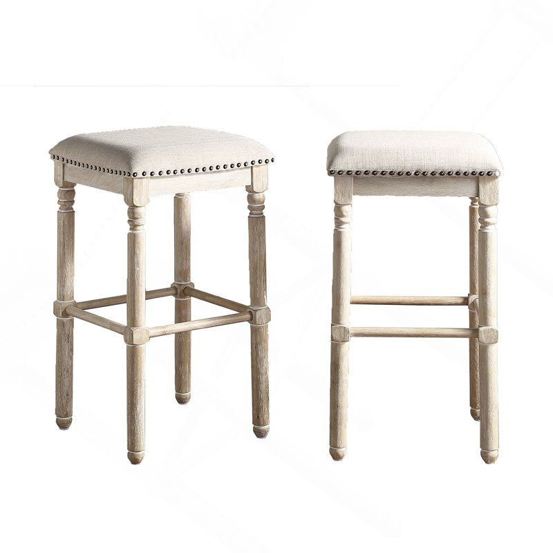 Arnhem Wood Upholstered Bar Stools, Set Of 2, Tan, Cream Seat/Tan Frame