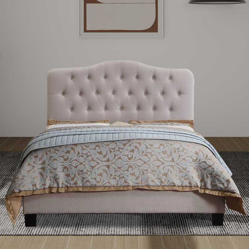 Structure de lit tapissier capitonné avec tête de lit à hauteur réglable, Beige, King