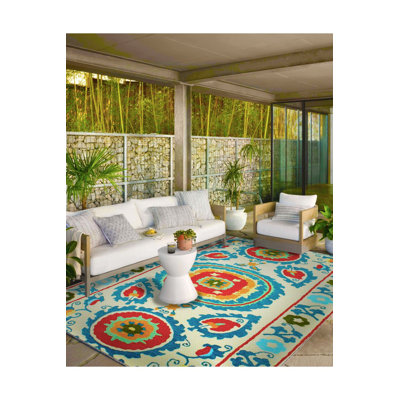 Bordered Cream Pattern Colorful Floral Theme Woven Base and Washable Area Rug