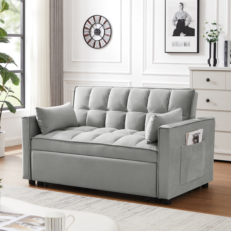 Modern Living Room With Pullout Bed And Pockets In Velvet, Grey Velvet Sleeper Space Saving Concept