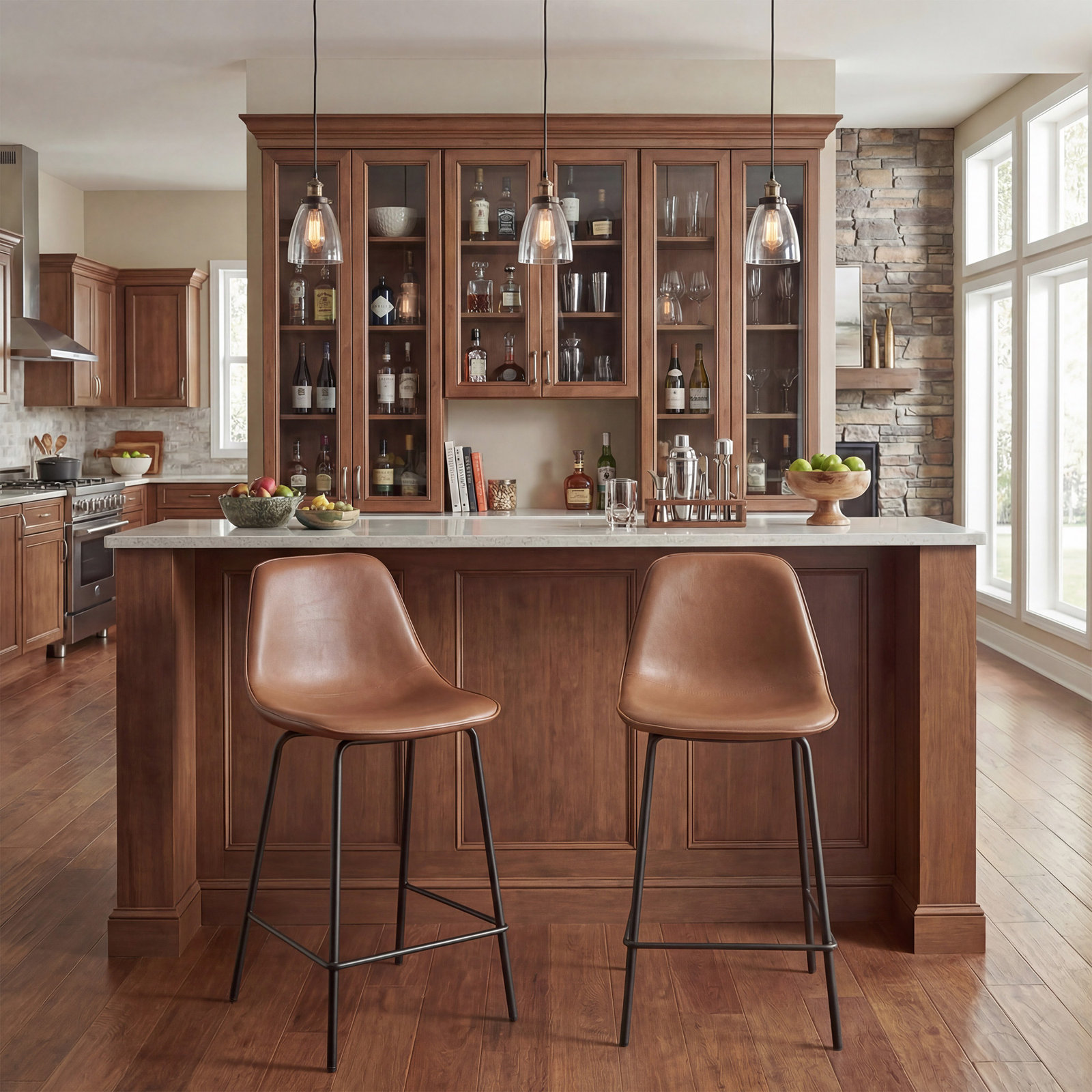 Kavi 30" Bar Stool, Counter Stool (24" Seat Height), Brown Faux Leather