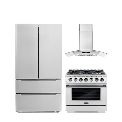 Cosmo 3 Piece Kitchen Appliance Package with French Door Refrigerator , 36'' Gas Freestanding Range , and Wall Mount Range Hood -  COS-4PKG-1180