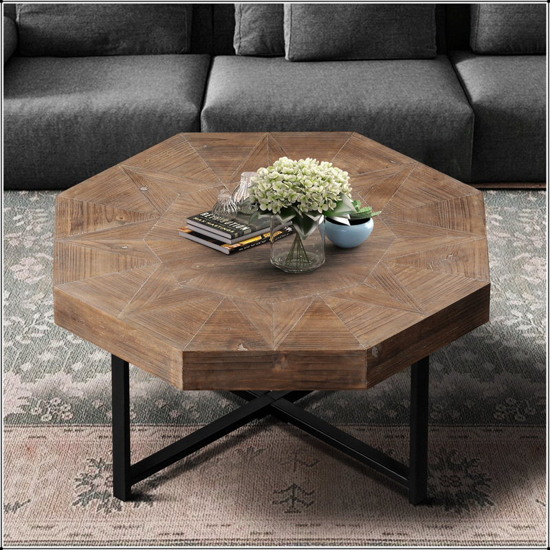 Table basse octogonale en bois avec patchwork, Brown / Antique brown