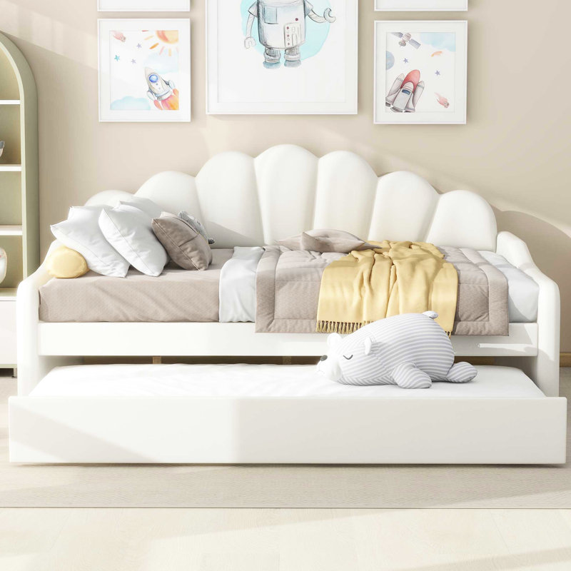 Lit de jour rembourré pleine grandeur avec tête de lit blanche et douce, construction, revêtement de velours polyvalent pour meubles de chambre à coucher et lit gigogne escamotable au look élégant, chambre d'amis stable