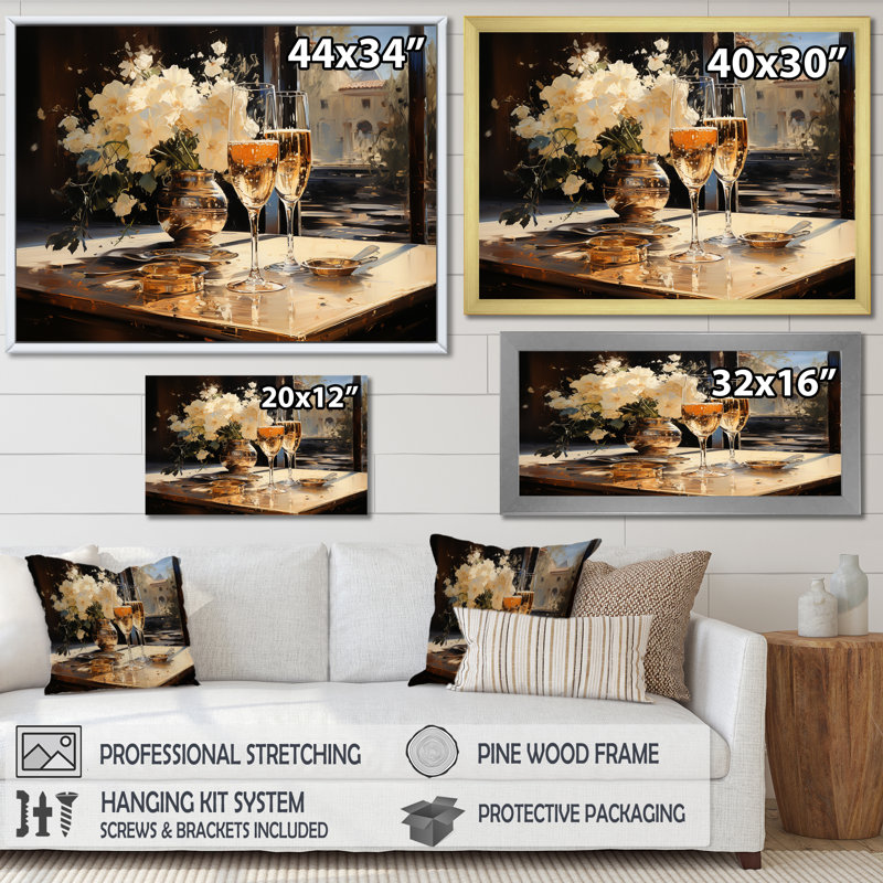 Champagne Blooms Bubbles And Bliss I - Champagne, art mural, Cadre flottant noir, H 16 po x l 32 po x P 1 po