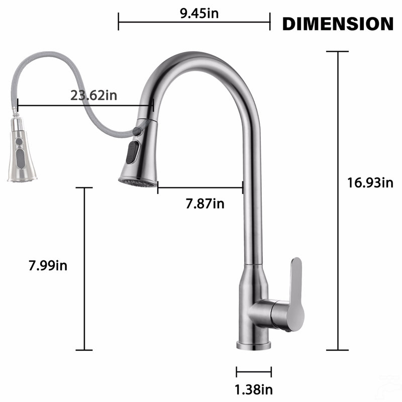 Robinets de cuisine en nickel brossé à poignée simple High Arc avec douchette rétractable