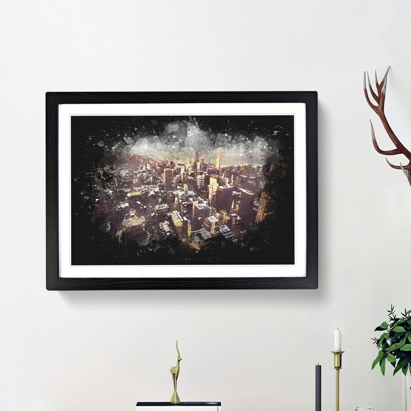 Flying over the Chicago Skyline - Picture Frame Graphic Art Print, 33cm H x 45cm W x 2cm D, Black Framed