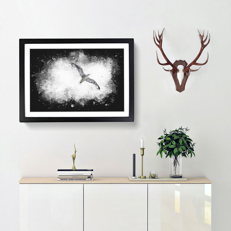 Flying Seagull - Picture Frame Graphic Art Print, 45cm H x 63cm W x 2cm D, Black Framed