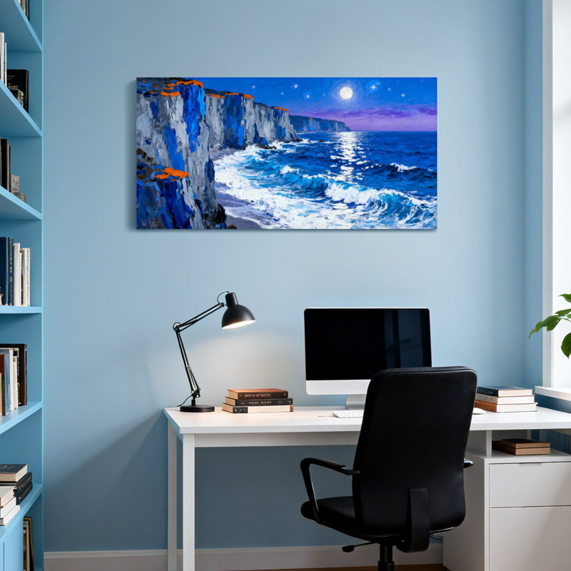 Paysage et nature au clair de lune, falaises, vagues de l'océan, ciel nocturne, étoiles, côte, H 28 po x l 58 po