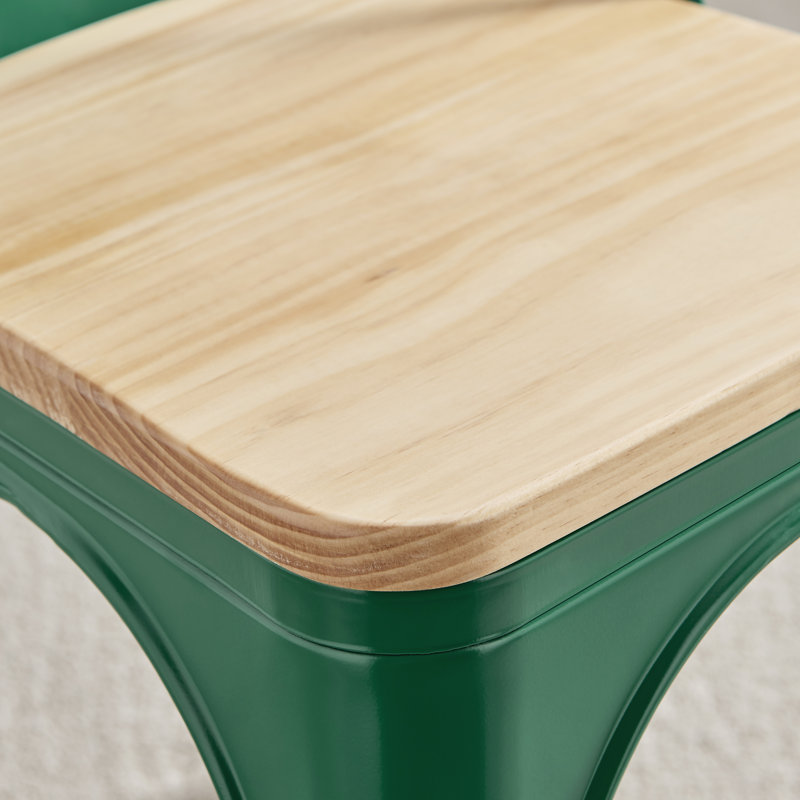 Honora Industrial Classic Metal Frame Wood Seat Dining Chair - Style Bold Colour Stackable Side Chair, Green