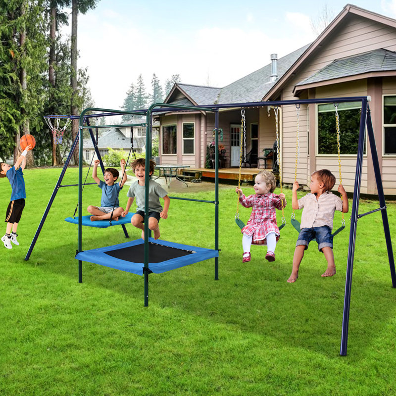 Balançoire 4 en 1 avec ceinture, trampoline, rebord de panier pour la cour arrière - construction en acier multicolore, cadre solide en A, mousquetons à charge élevée, cordes réglables et ceinture à installation simple pour l'extérieur