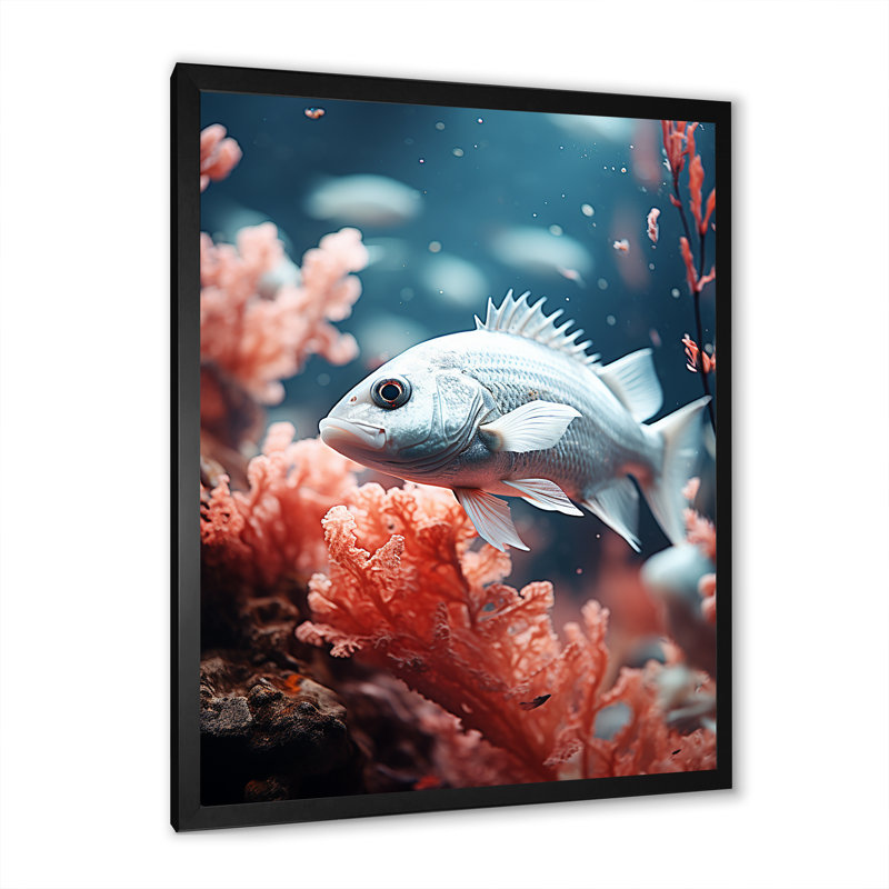 Danse de poissons monochrome bleue et grise, H 44 po x l 34 po x P 1,5 po, Cadre simple noir
