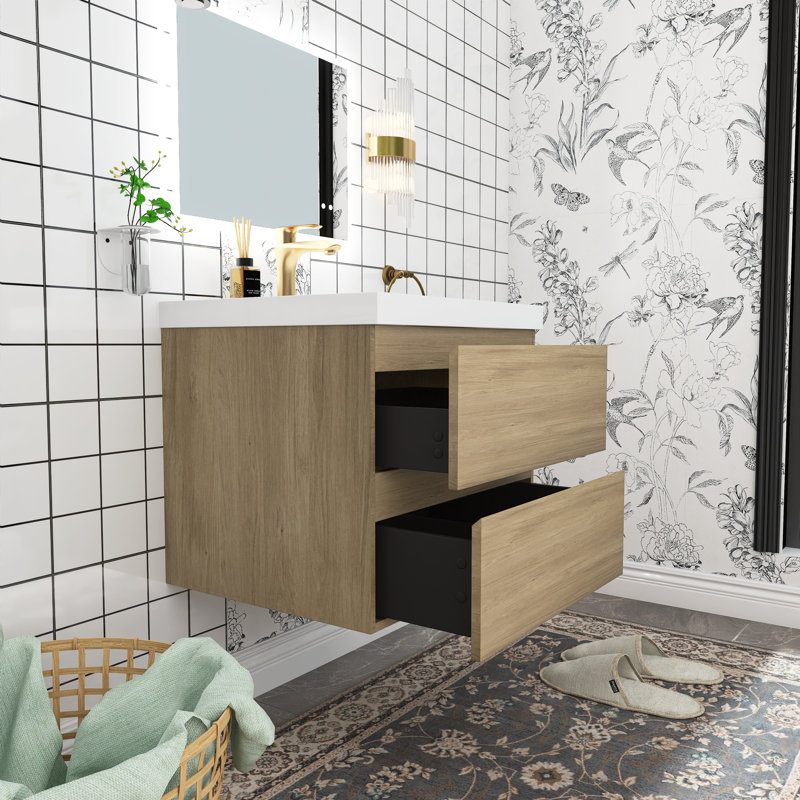 Meuble-lavabo simple avec plateau en résine Teriann, Chêne naturel