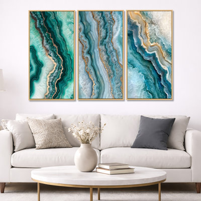 «Agate Dream River III - Green Geode», ensemble de 3 toiles d'art encadrées