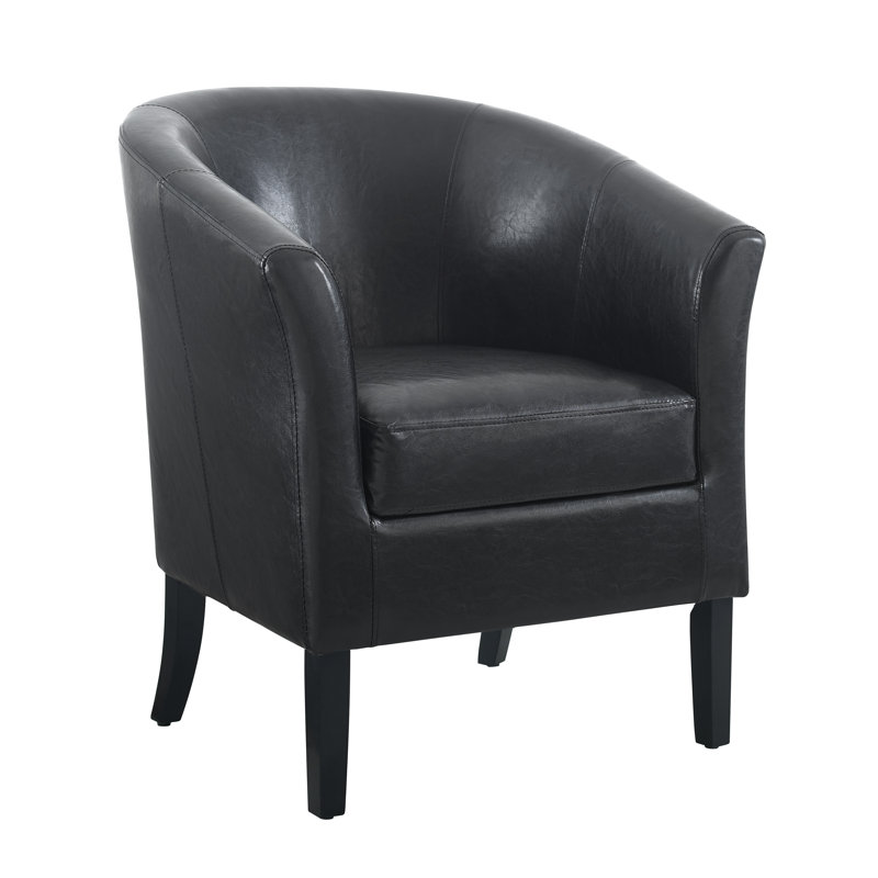 Malia Vegan Leather Barrel Club Chair with Wood Legs, Black Faux Leather