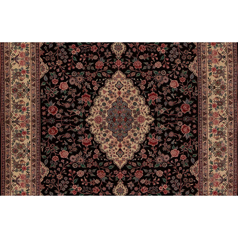Tapis unique en laine noué à la main ivoire / noir / rose de 6 pi x 9 pi