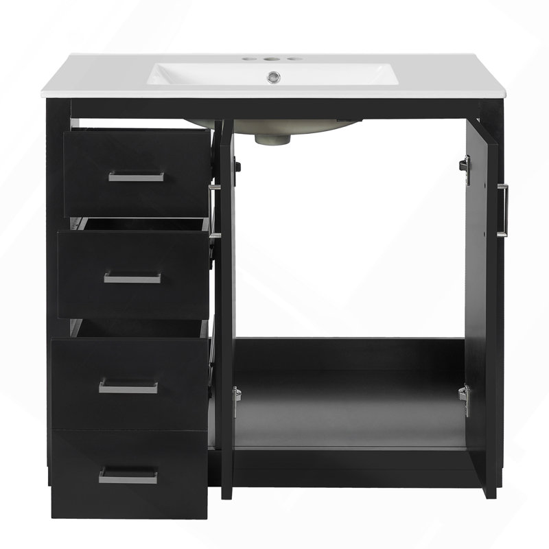 Ensemble de meuble-lavabo 36 po avec lavabo en céramique, armoire de rangement en bois massif, ensemble de meuble-lavabo autoportant avec 3 tiroirs et portes à fermeture douce