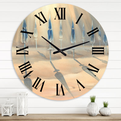 Sunny Sand With Closed Blue Beach Umbrellas - Lake House wall clock