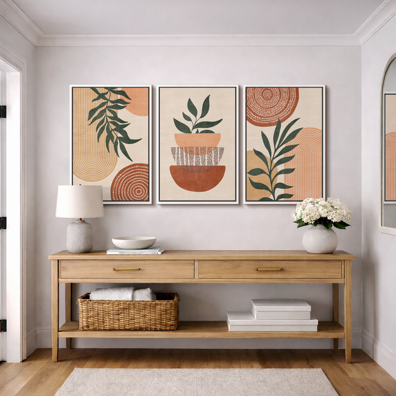 «Mid Century Modern Boho Geometric Polygon Palm Leaf», ensemble de 3 impressions sur toile, H 24 po x l 48 po x l 1,5 po