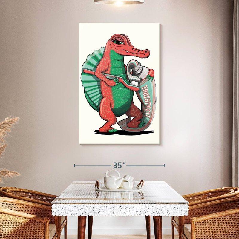 Spinosaurus se brossant les dents dans la salle de bain, H 48 po x l 32 po