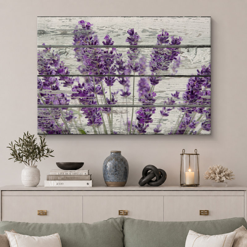 Œuvre d'art mauve lavande mauve sur fond effet bois, images murales rétro rustiques, impression sur toile encadrée