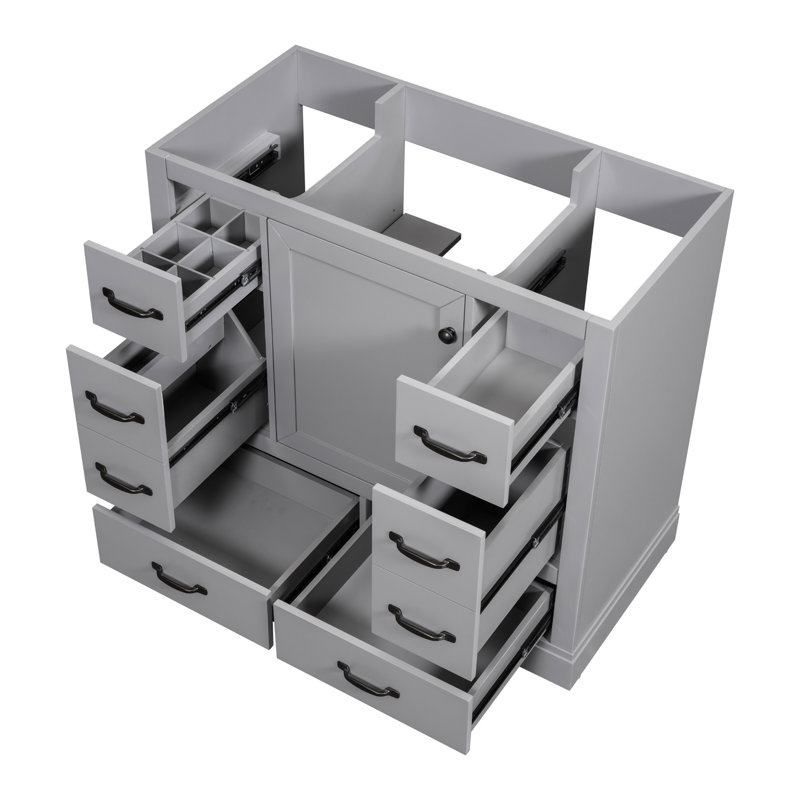 Meuble-lavabo 36 po, finition grise, 6 tiroirs, tablette réglable, armoire moderne en bois massif, gris, Gris