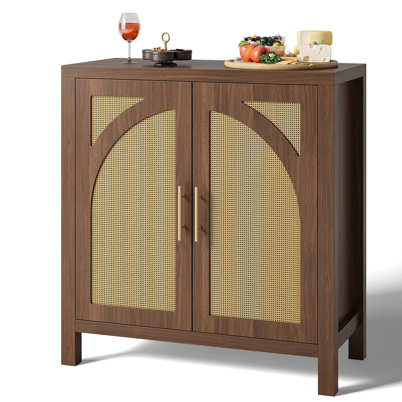 31.5" L Boho Rattan Sideboard Buffet Cabinet With Large Storage, Home Kitchen 2-Door Credenza Coffee Bar Cabinets With Adjustable Shelves