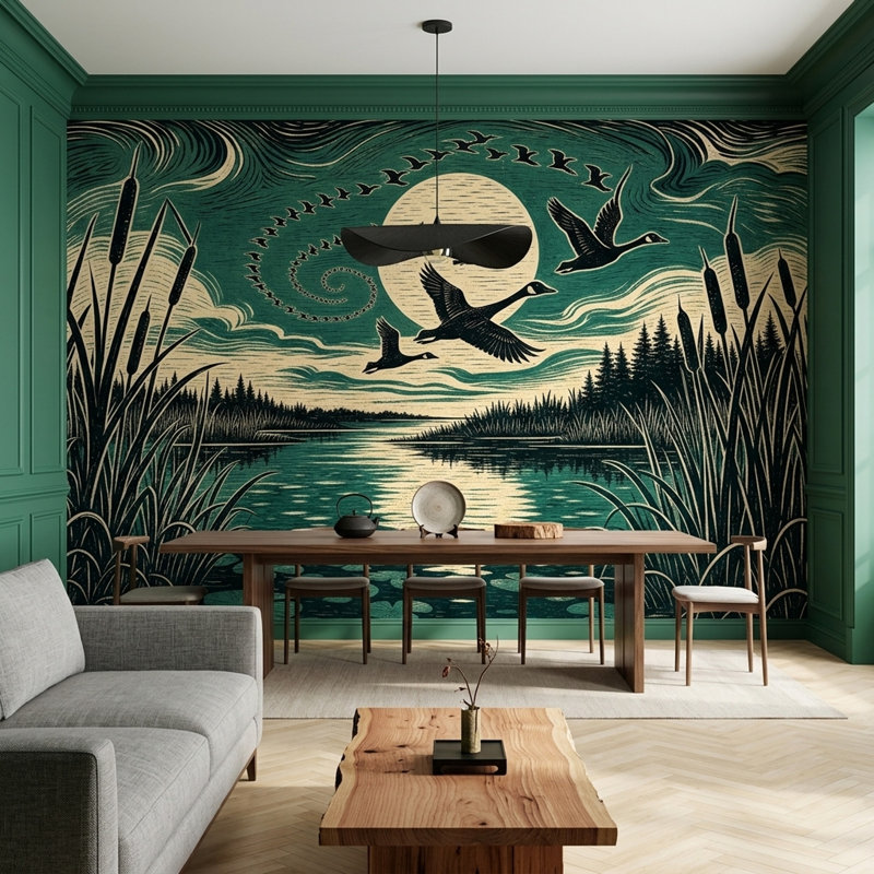 Papier peint mural de style gravure sur bois représentant des oies en vol dans un marais au clair de lune, 120"x96"