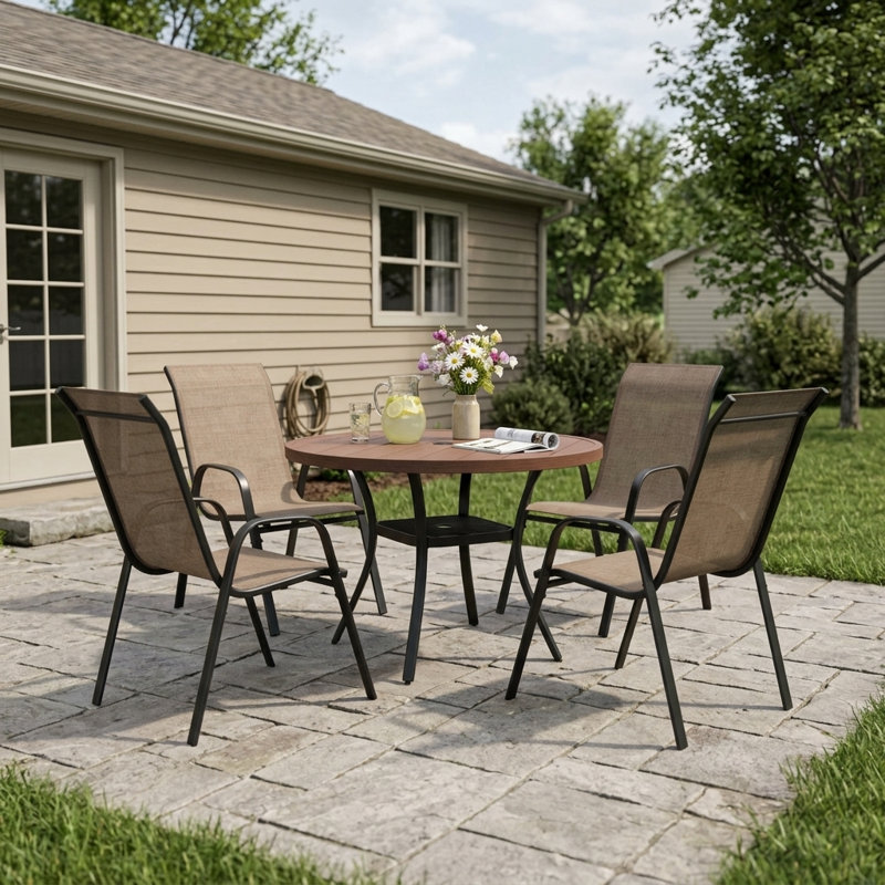 Ensemble de salle à manger de patio 4 personnes avec chaises empilables Textilene, Brun / noir / brun bois brossé